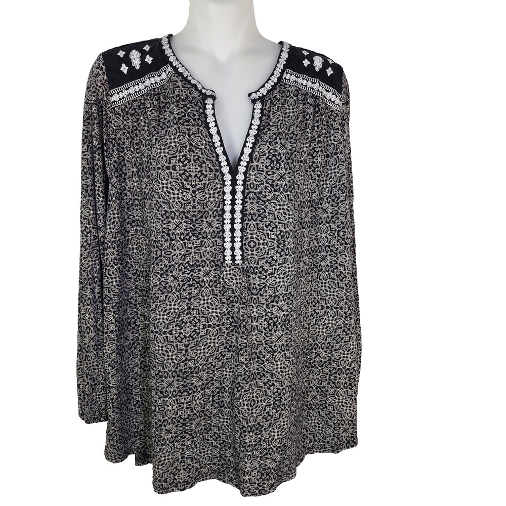 Lucky Brand Womens Top 1X Black White Embroidered Long Sleeve Peasant Pullover